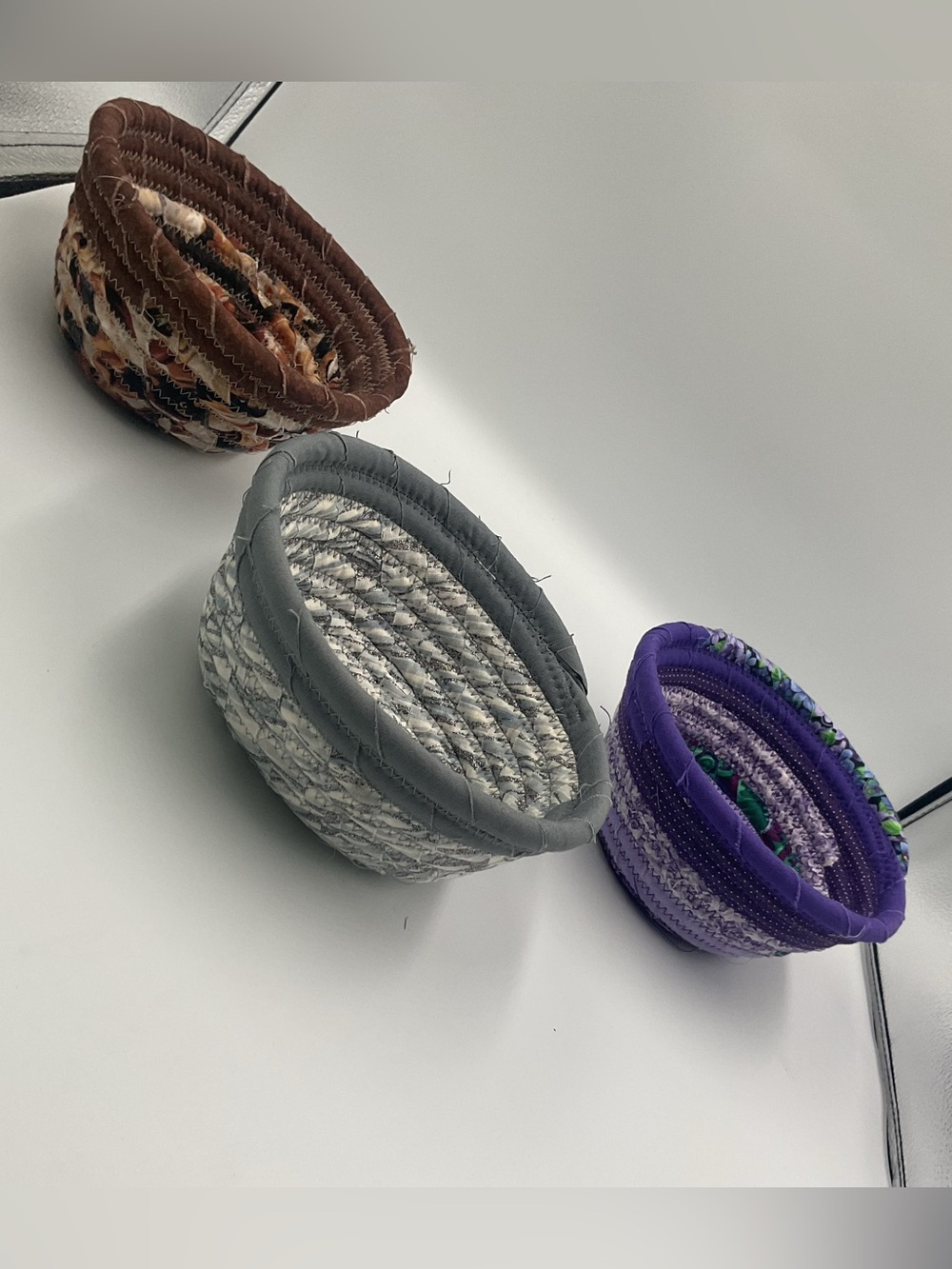Hand Crafted Coil Baskets in Gray, Purple and Brown